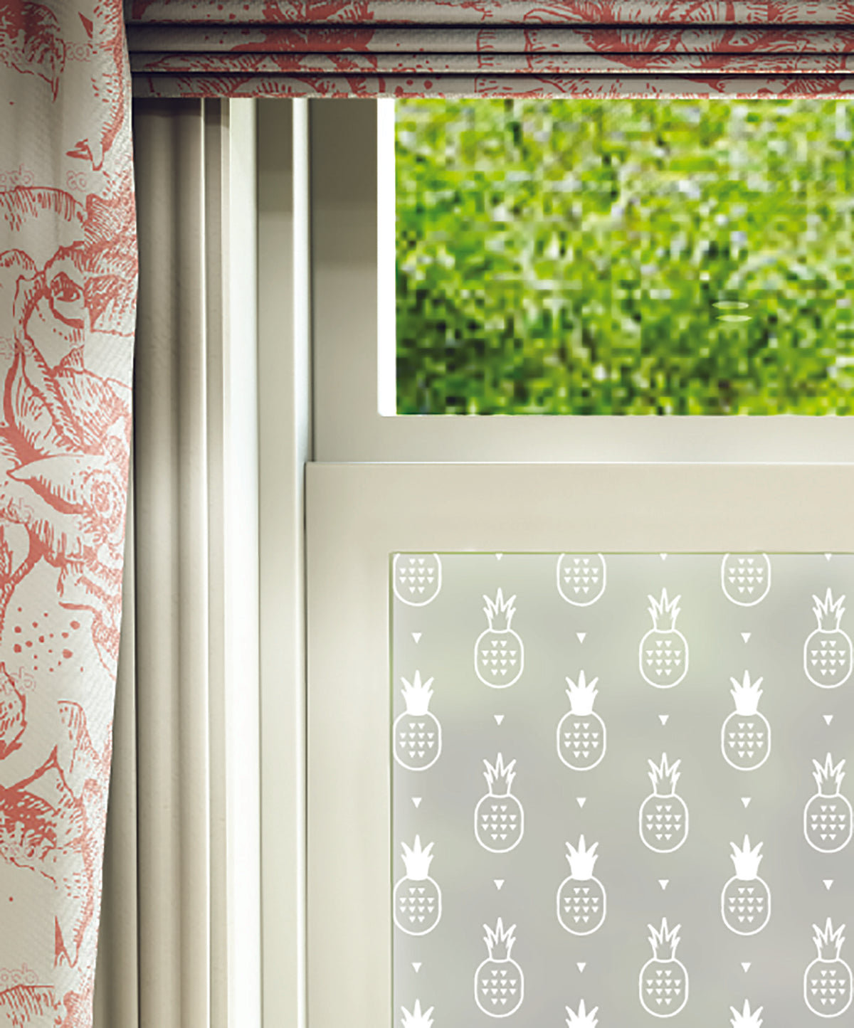 Close-up of Pinya pineapple white printed frosted window film pattern.
