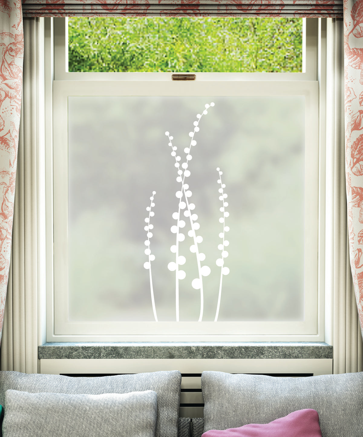 White printed frosted window film with Planta floral pattern.