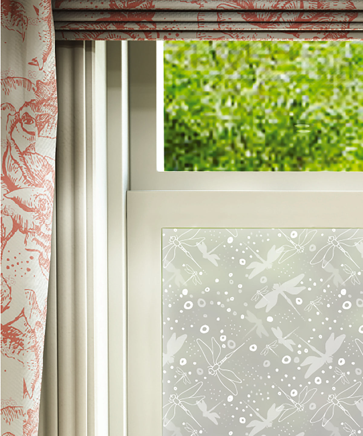 Close-up of Pollen Stream hand-drawn frosted window film pattern by Helen Russell Creations.