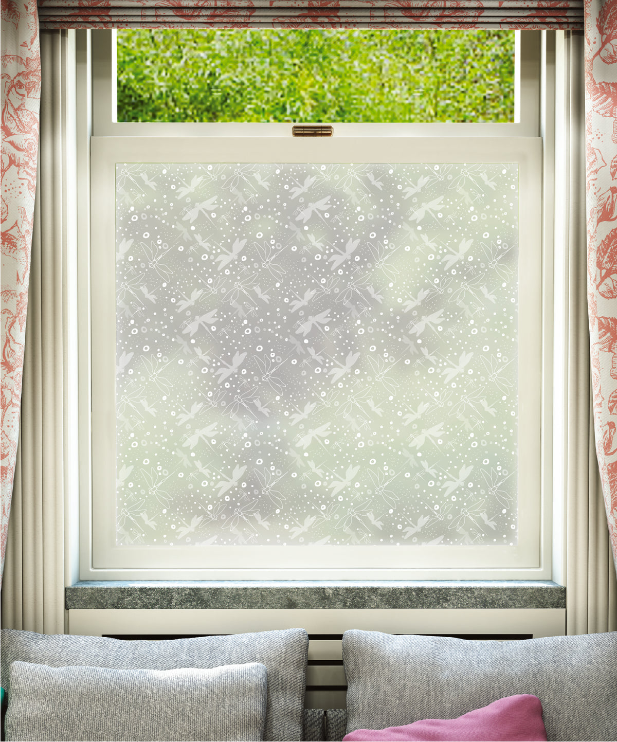 White printed frosted window film with Pollen Stream hand-drawn repeated pattern by Helen Russell Creations.