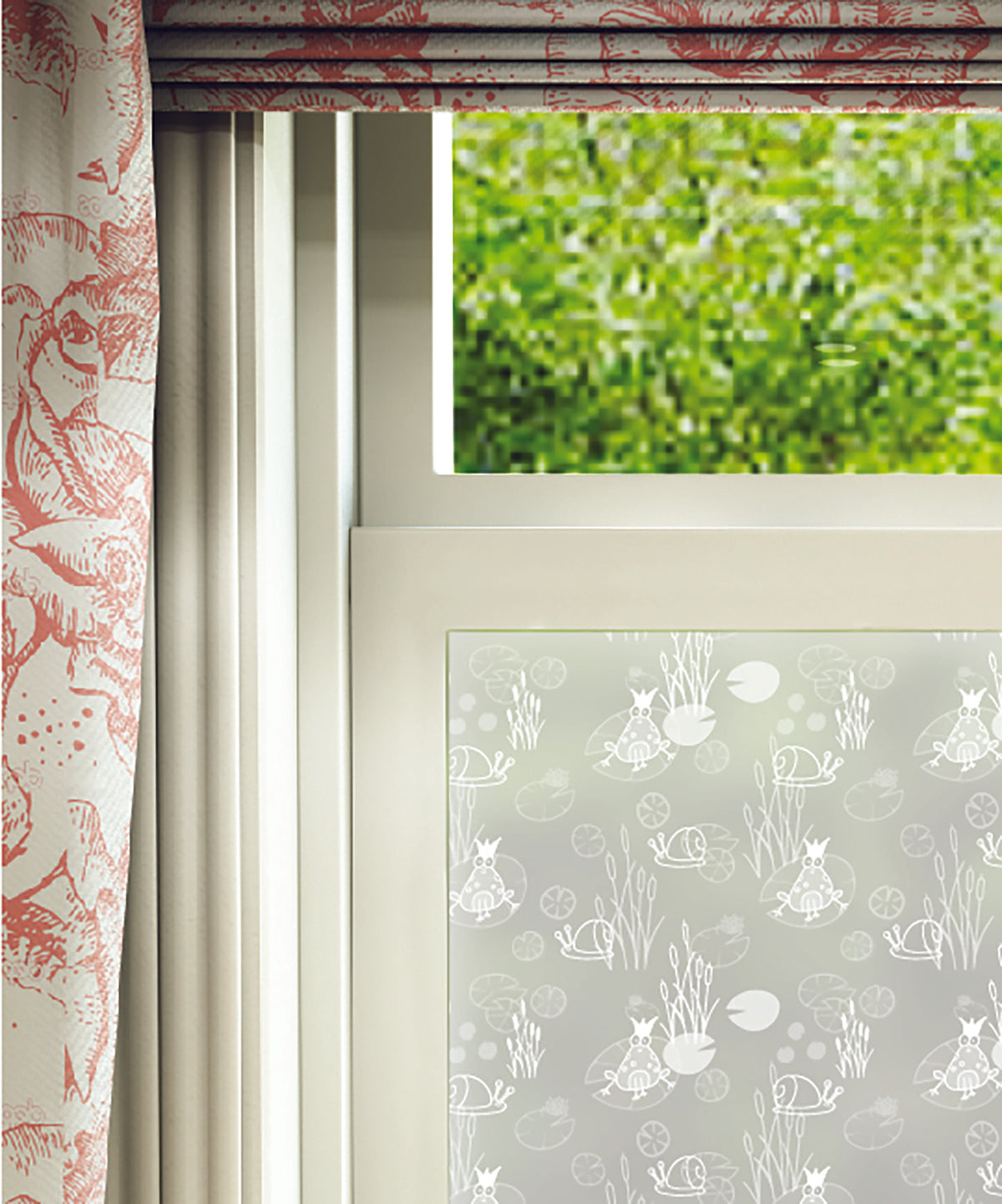Close-up of Pondlife hand-drawn frosted window film pattern by Helen Russell Creations.