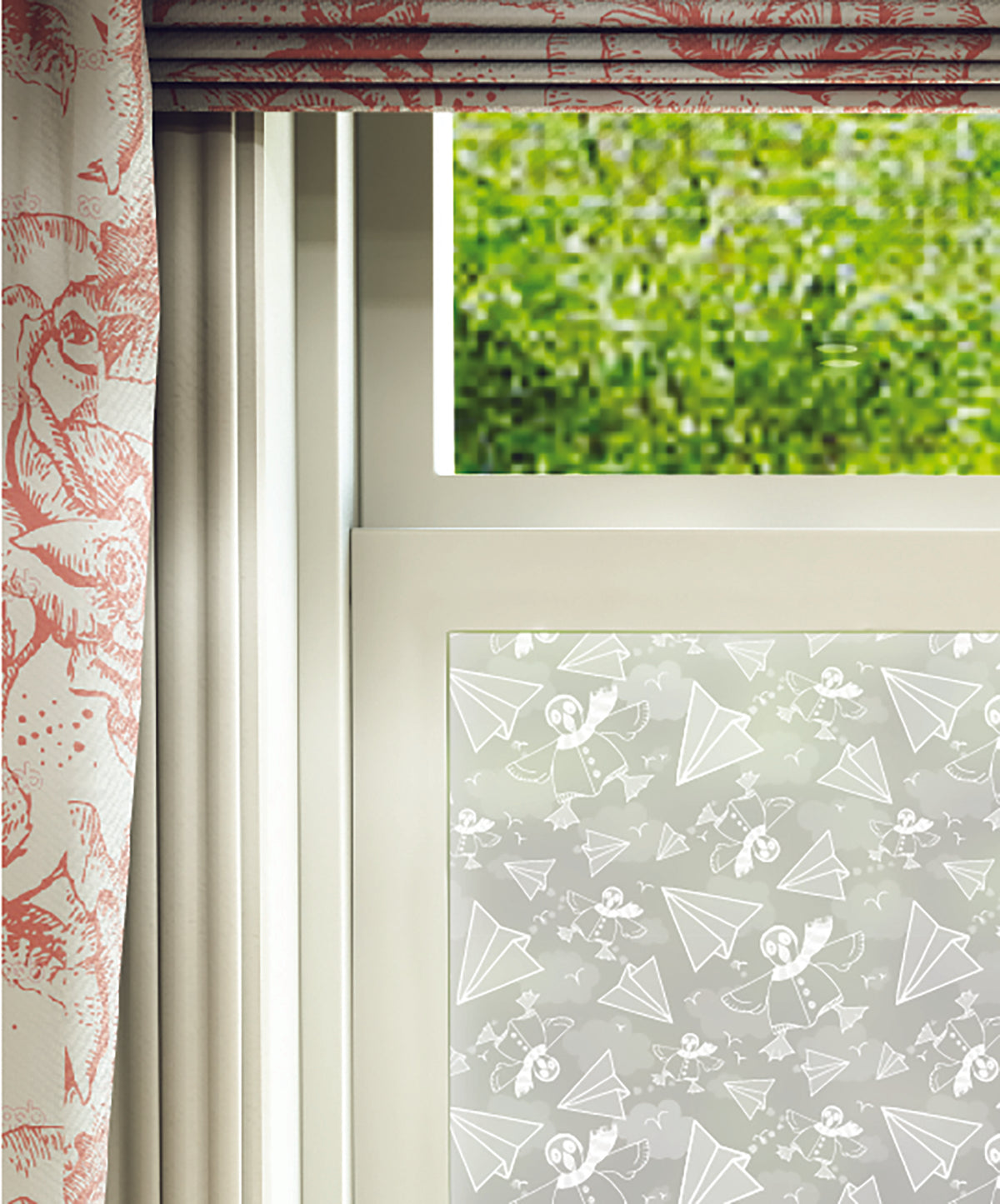 Close-up of Puffin Squadron hand-drawn frosted window film pattern by Helen Russell Creations.