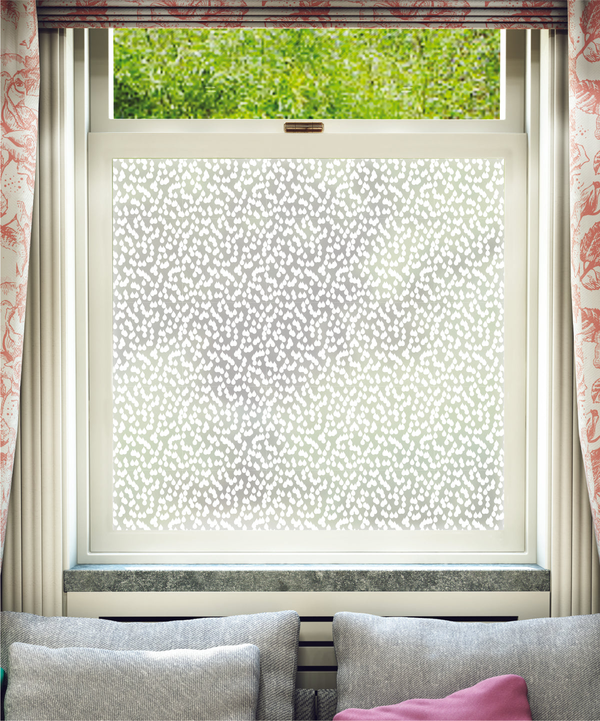 White printed frosted window film with Raindrops raindrops pattern by designer JoJo CoCo.