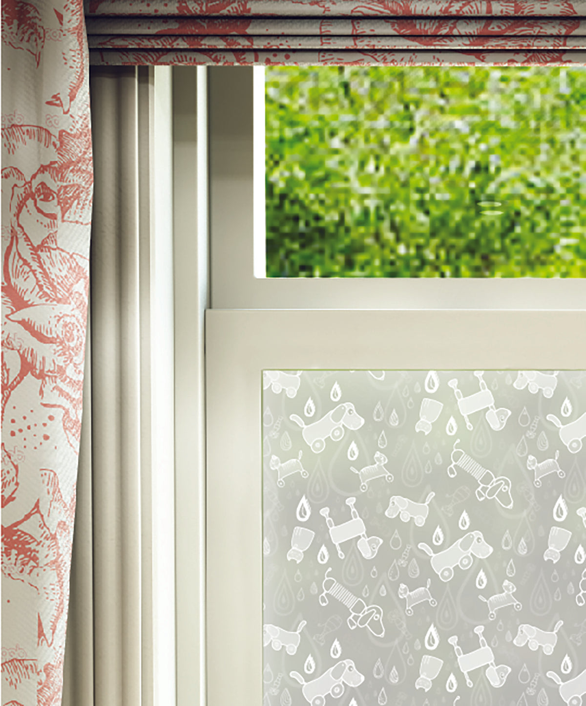 Close-up of Raining Cats and Dogs hand-drawn frosted window film pattern by Helen Russell Creations.