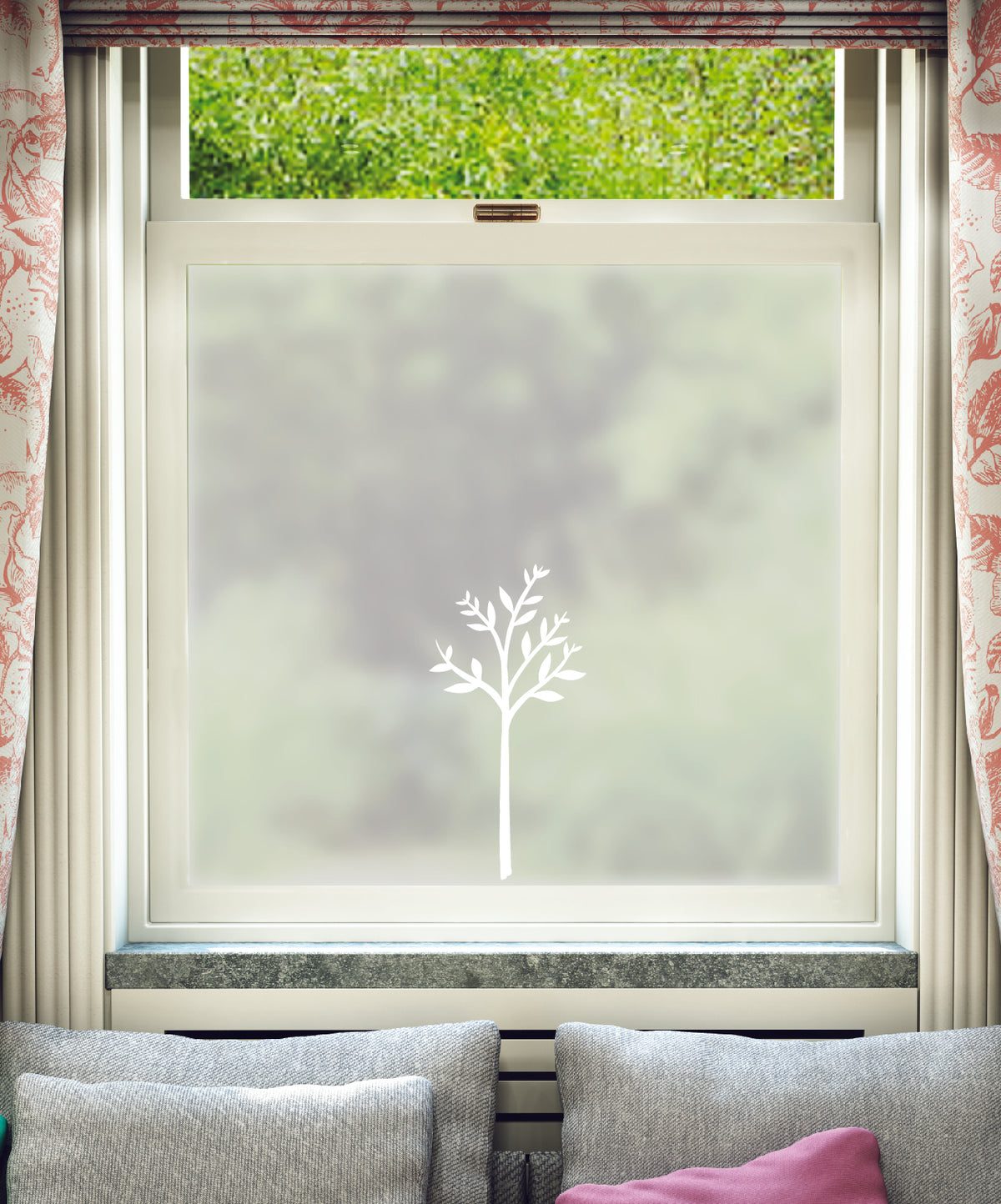 White printed frosted window film with Rama tree pattern.