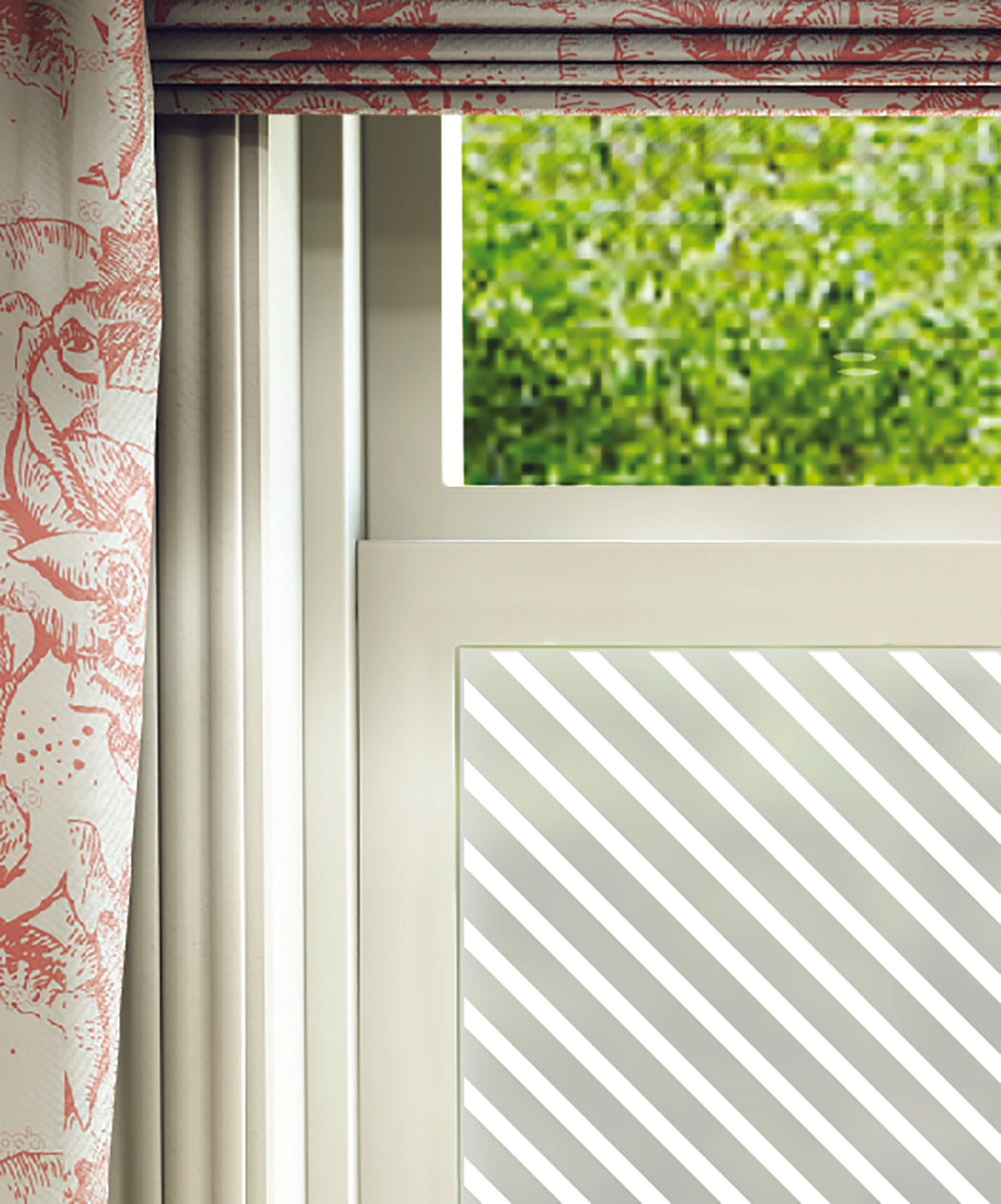 Close-up of Raya diagonal stripe white printed frosted window film pattern.