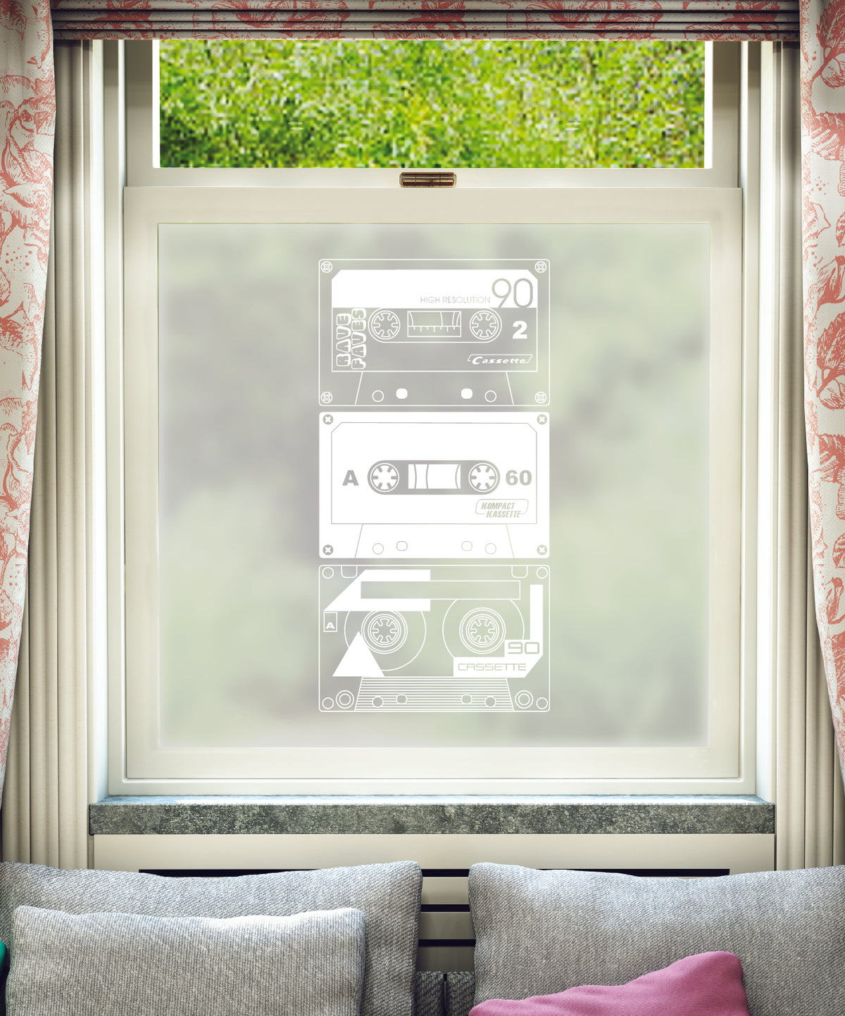 White printed frosted window film with Record/Play cassette tape pattern by designer Mini Moderns.