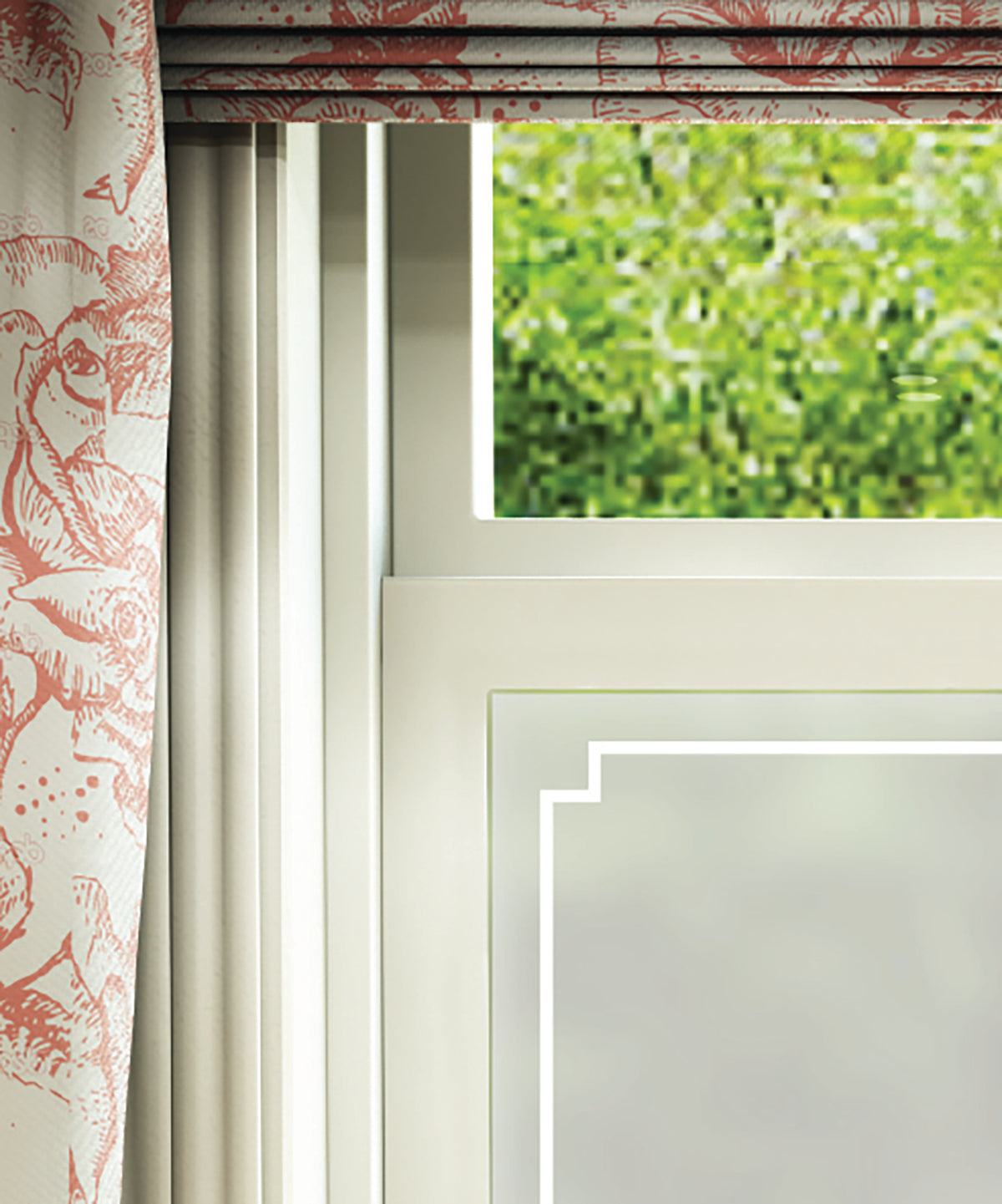 Close-up of Rive decorative border white printed frosted window film pattern.