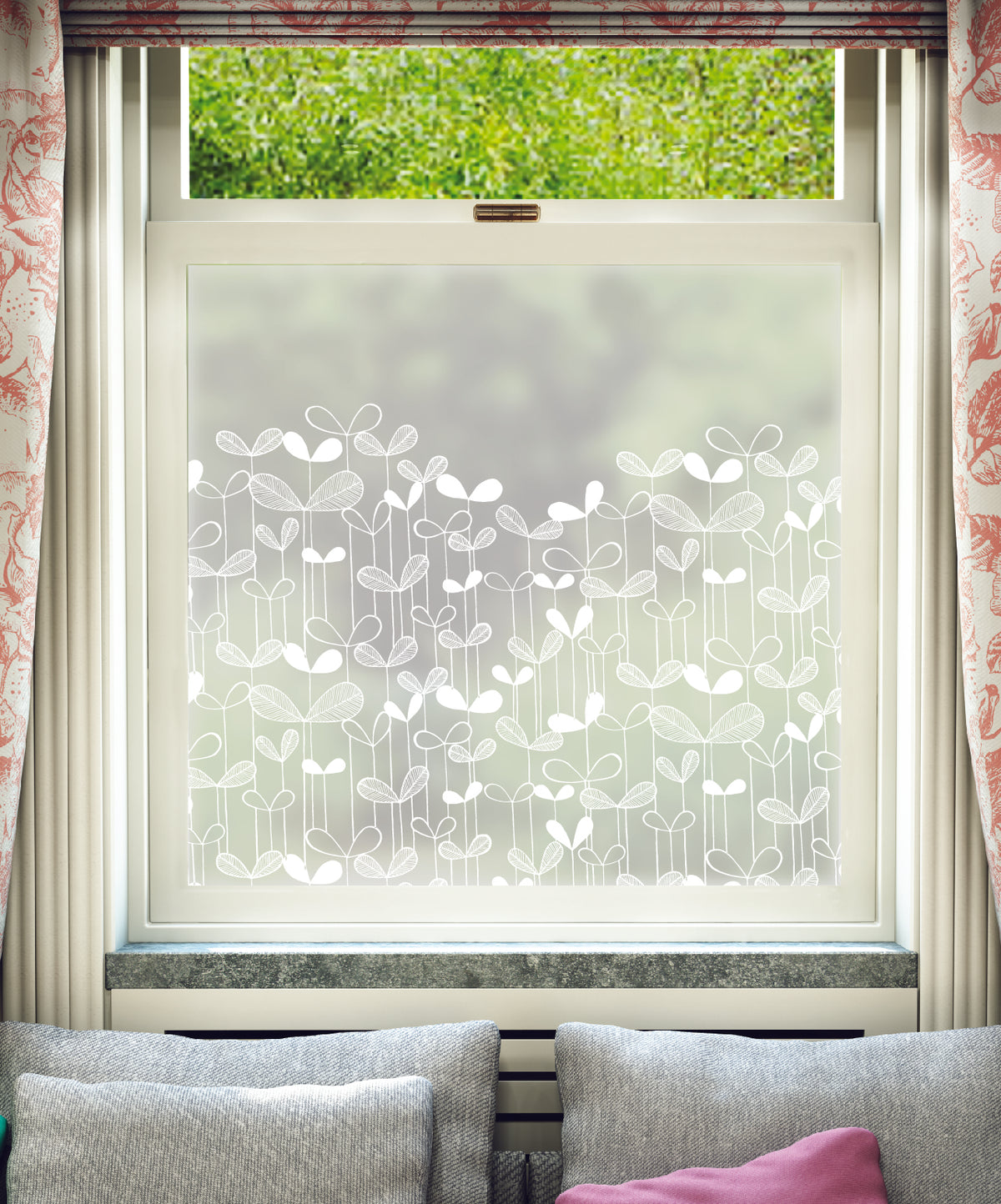 White printed frosted window film with Saplings pattern by designer MissPrint.