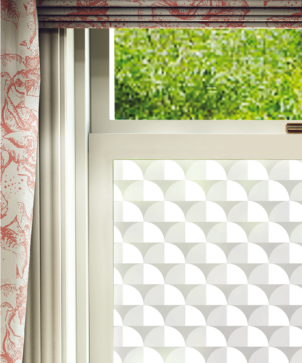 Close-up of Scallop geometric abstract frosted window film pattern by designer Lindsey Lang.