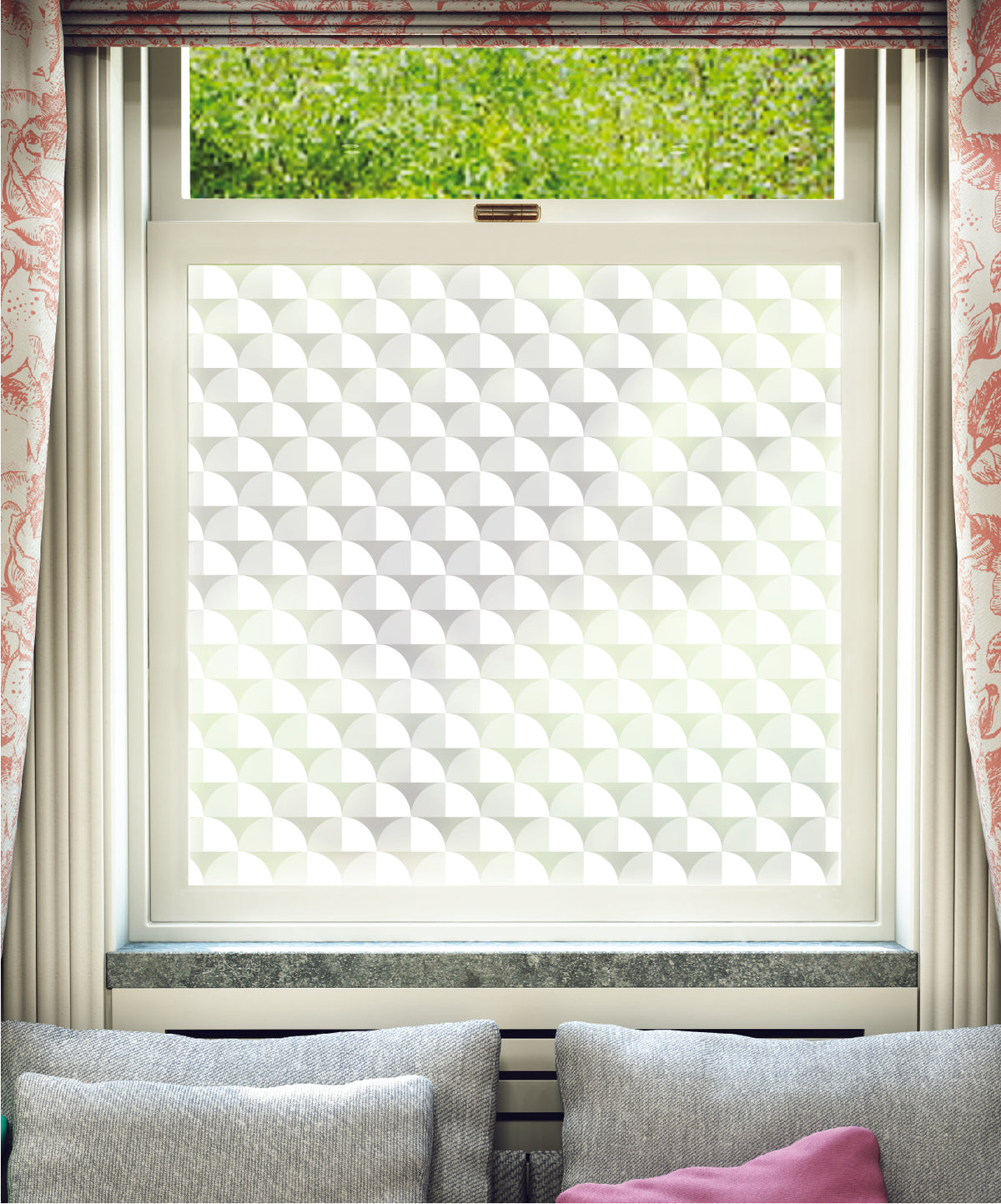 White printed frosted window film with Scallop geometric abstract pattern by designer Lindsey Lang.