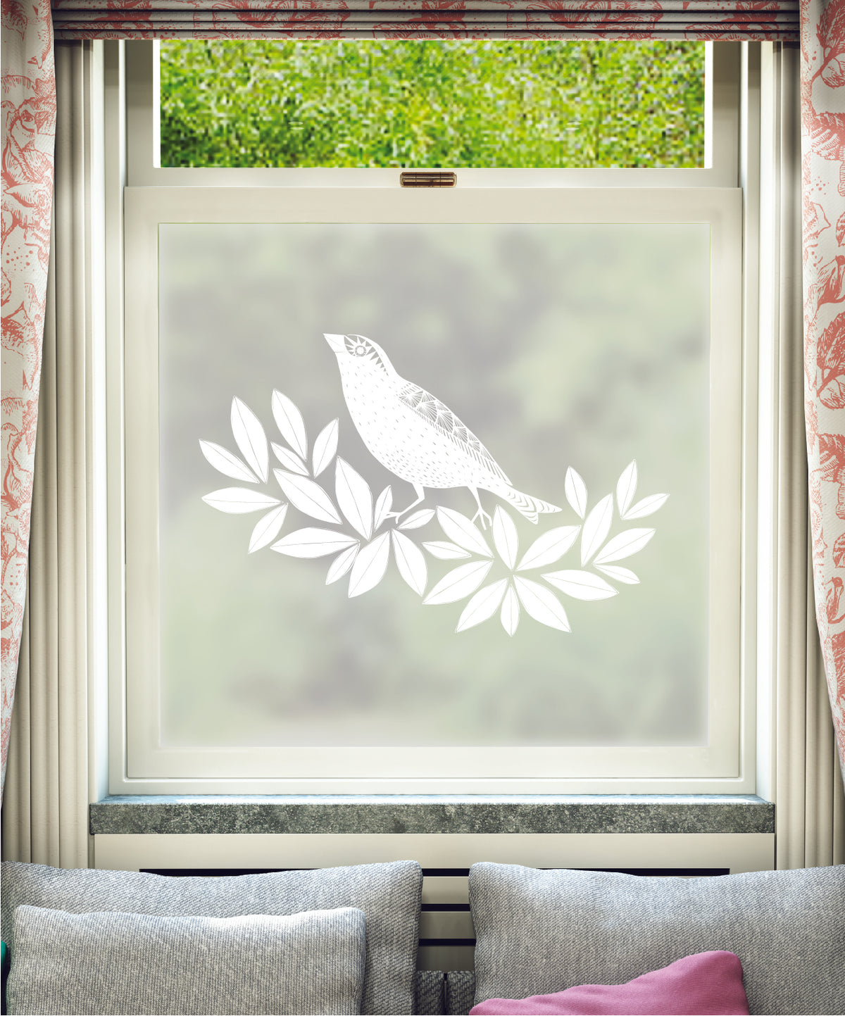 White printed frosted window film with Songbird pattern by designer MissPrint.