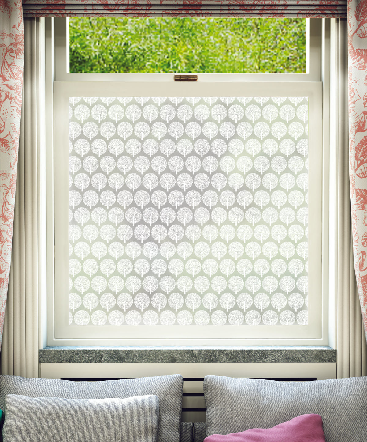 White printed frosted window film with Spot Trees trees pattern by designer JoJo CoCo.
