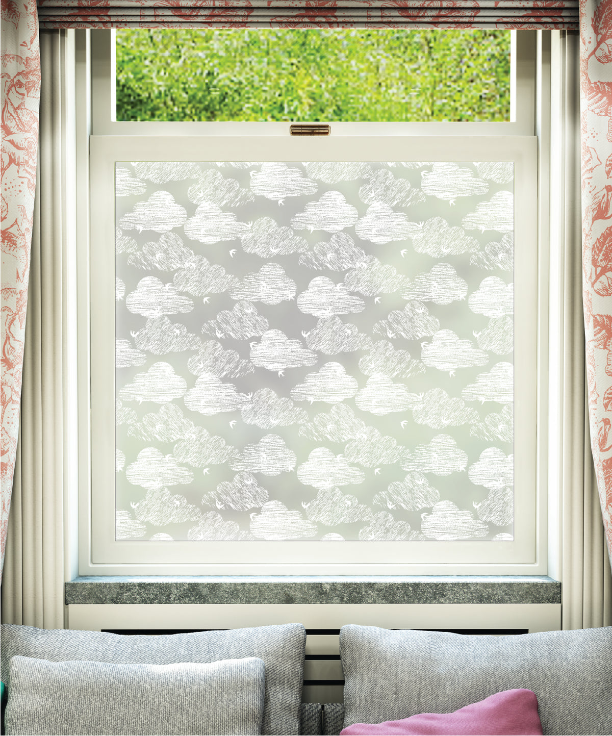 White printed frosted window film with Stormy Skies clouds pattern by designer JoJo CoCo.