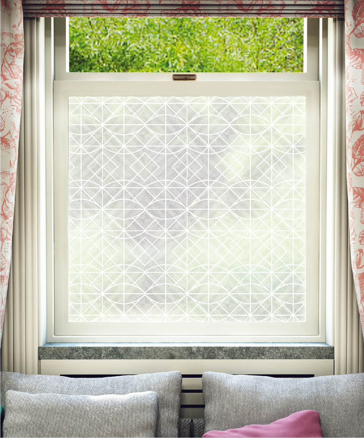 White printed frosted window film with Sunra Tweed geometric abstract pattern by designer Lindsey Lang.