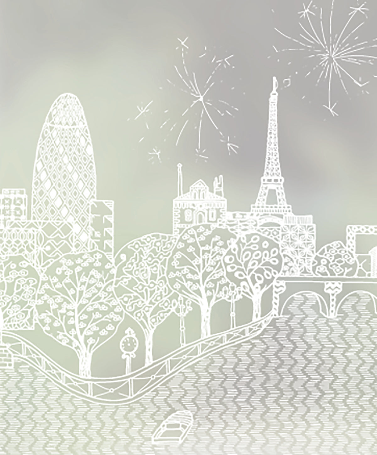 Close-up of Tale of Two Cities hand-drawn London and Paris skyline frosted window film pattern by Charlene Mullen.