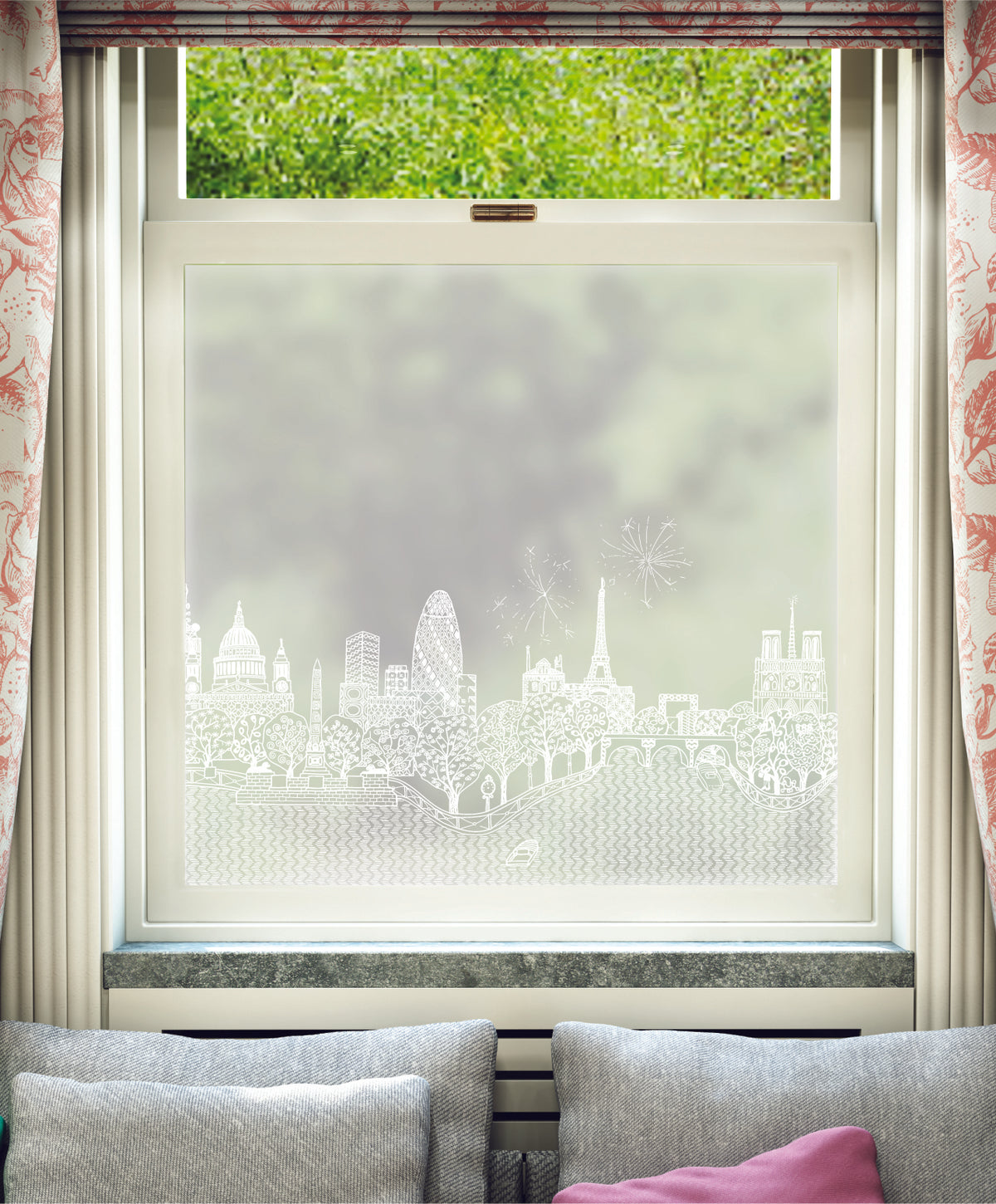 White printed frosted window film with Tale of Two Cities hand-drawn London and Paris skyline pattern by designer Charlene Mullen.