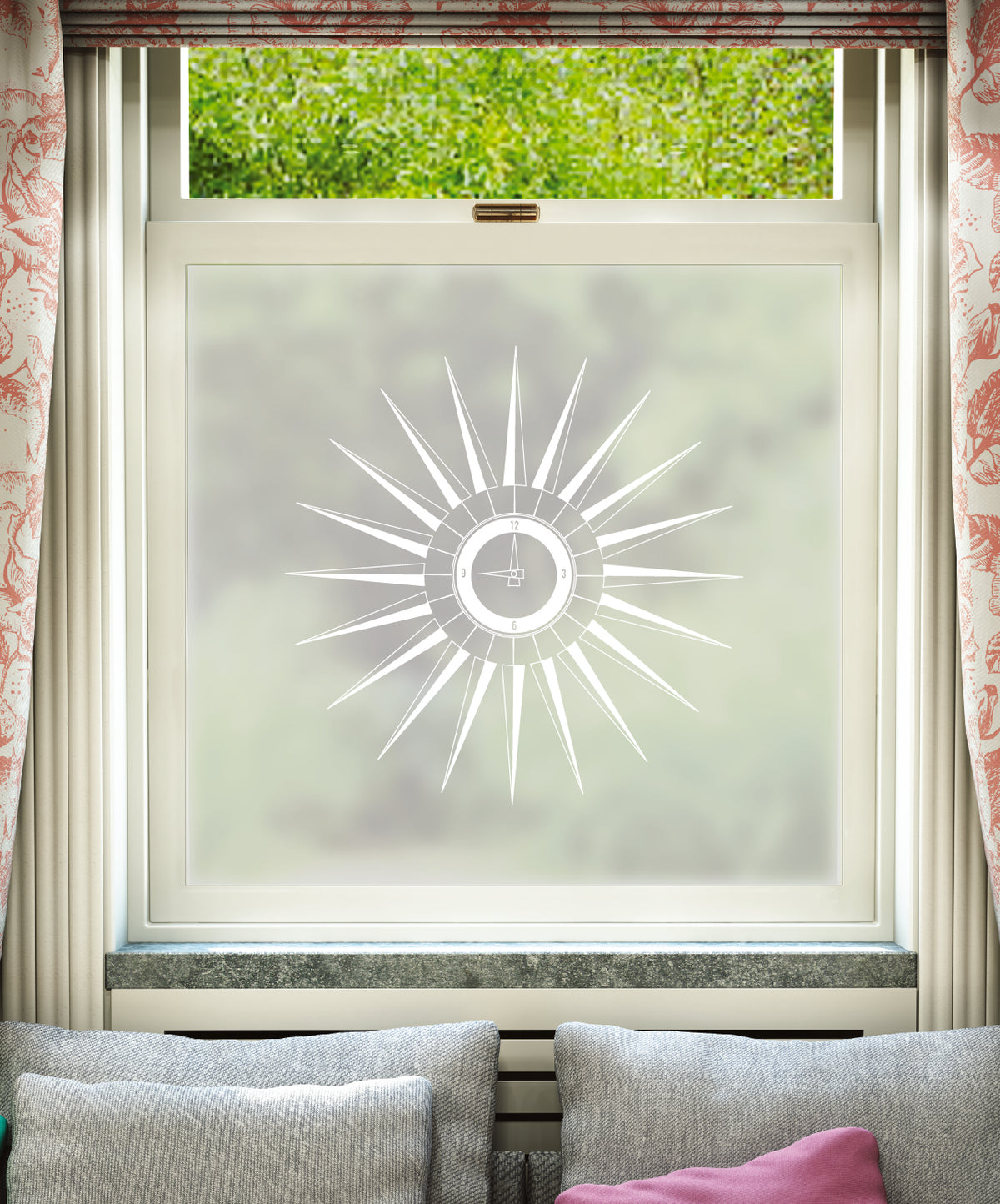 White printed frosted window film with Tick Tock mid century clock pattern by designer Mini Moderns.