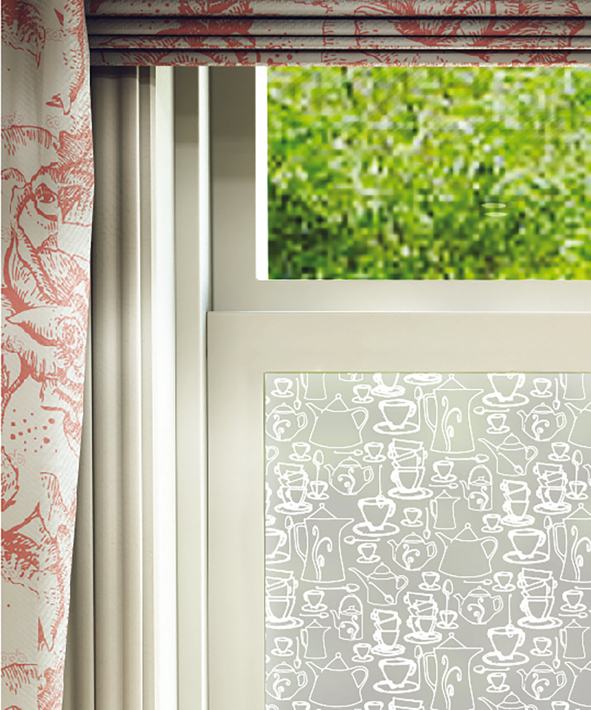 Close-up of Time for Tea hand-drawn frosted window film pattern by Helen Russell Creations.