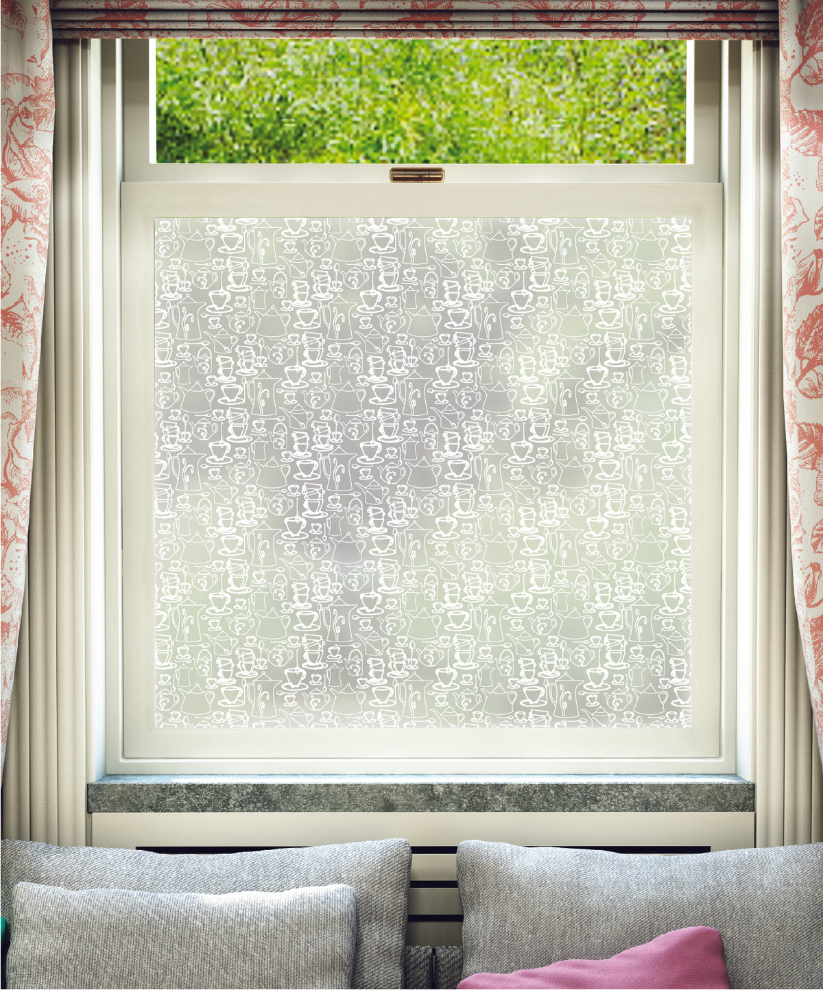 White printed frosted window film with Time for Tea hand-drawn repeated pattern by Helen Russell Creations.