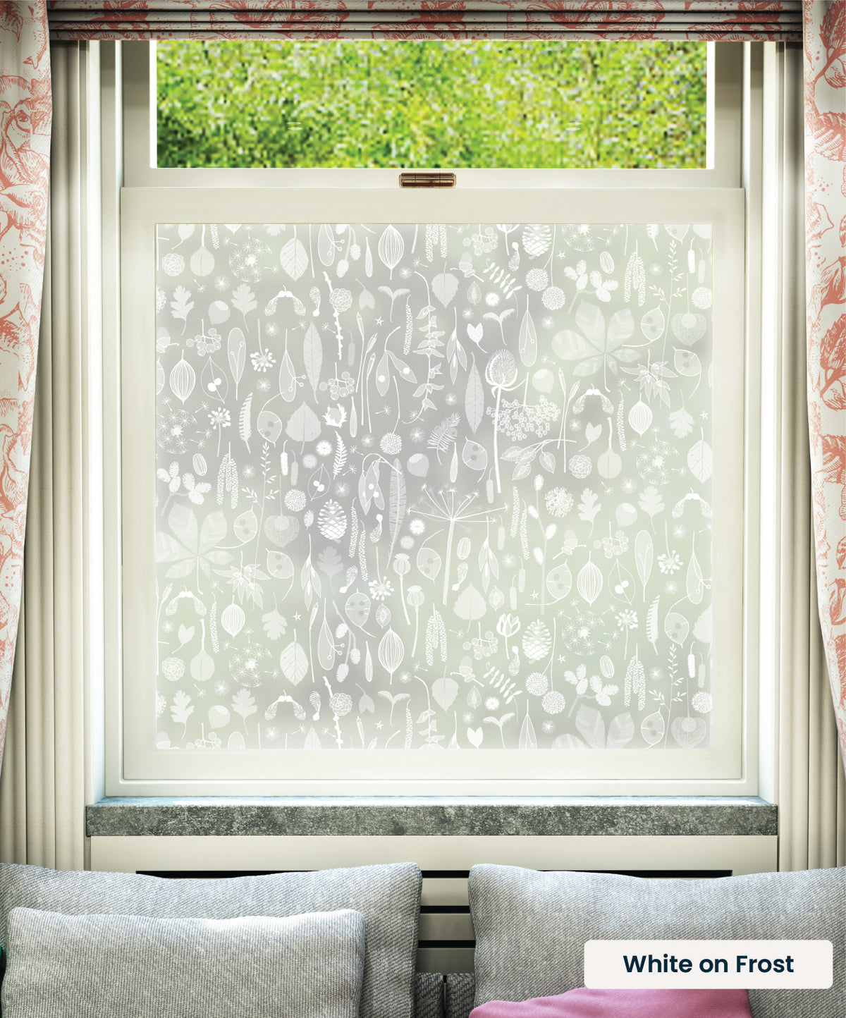 White printed frosted window film with Tiny Treasures small leaves and flowers pattern by designer Hannah Nunn.