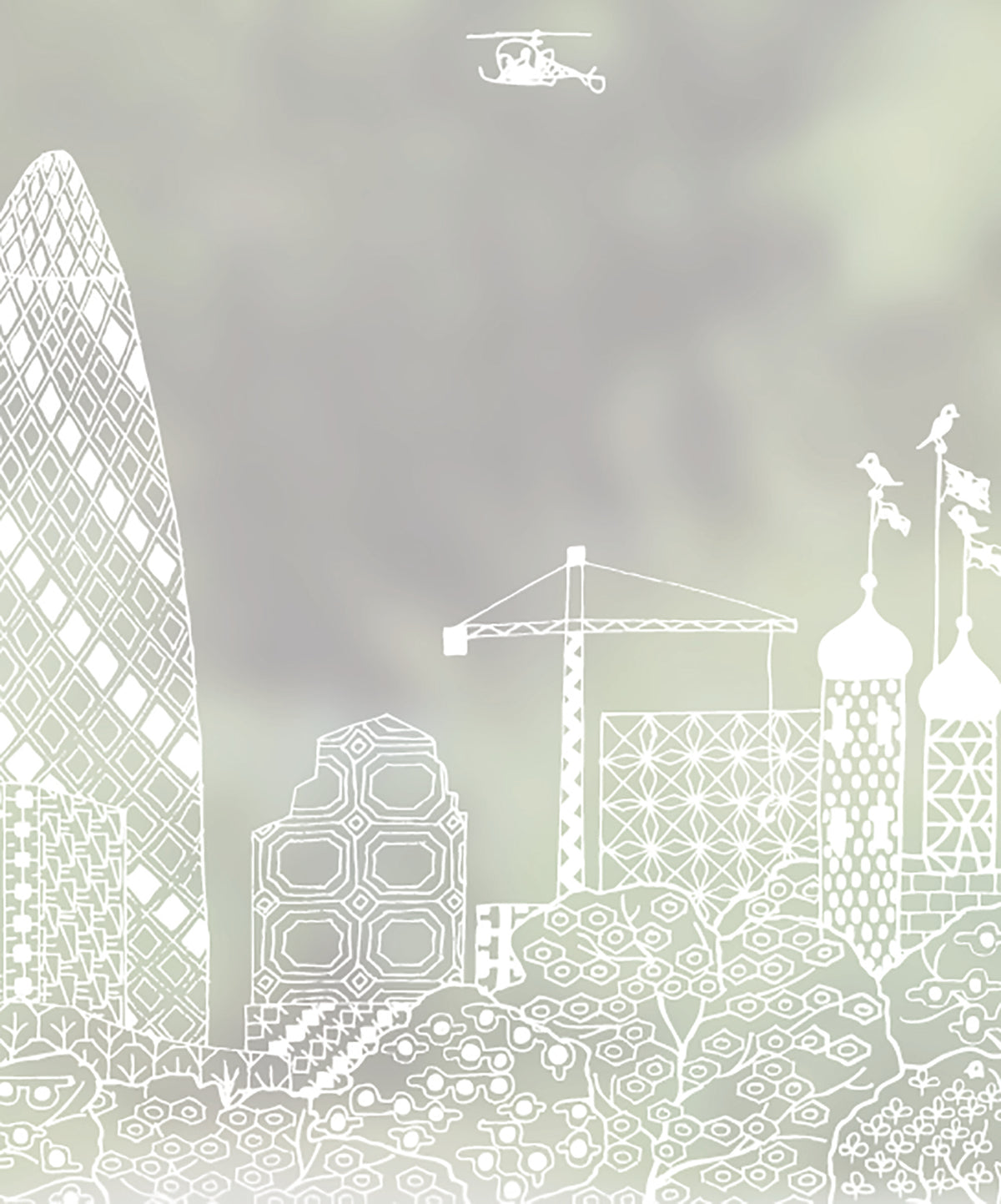 Close-up of Tower Bridge hand-drawn London skyline frosted window film pattern by Charlene Mullen.