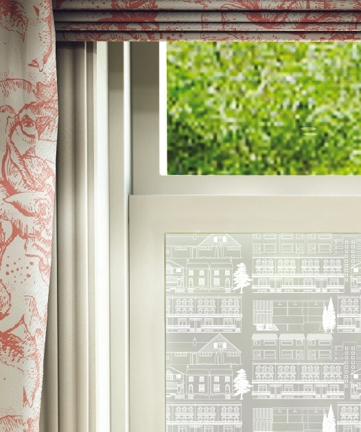 Close-up of Town suburban frosted window film pattern by designer Mini Moderns.