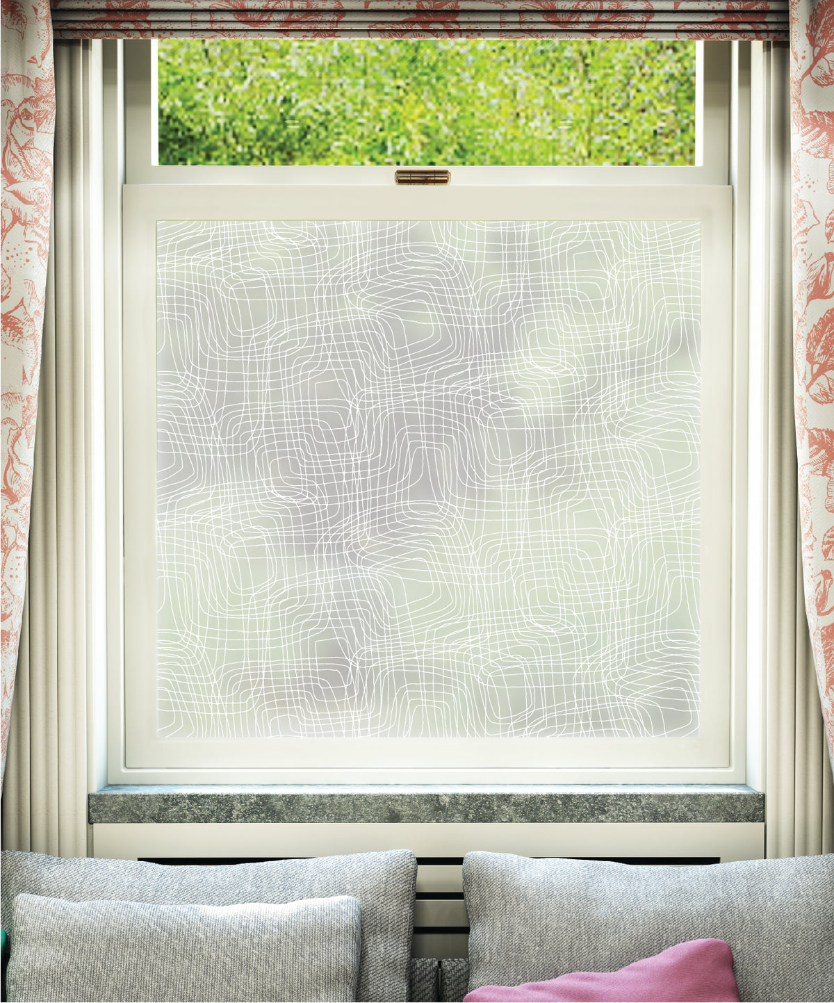 White printed frosted window film with Tracks flowing line pattern pattern by designer JoJo CoCo.