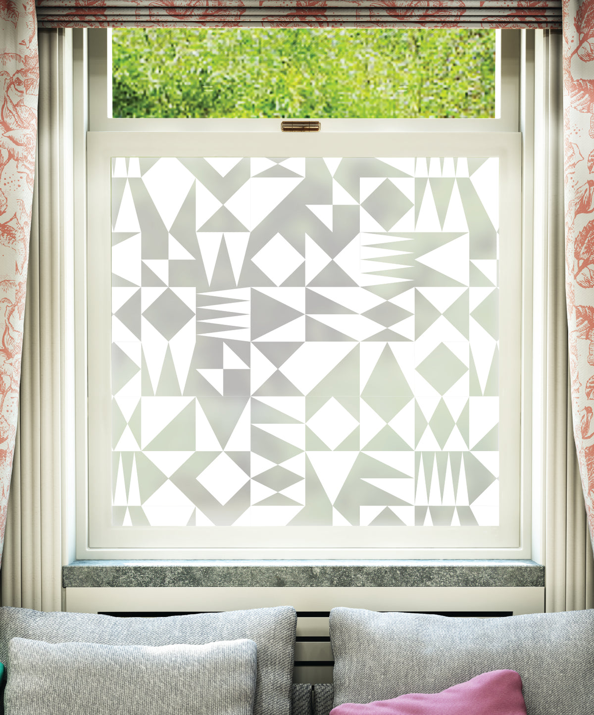 White printed frosted window film with Triangulate geometric abstract pattern by designer Kate Farley.