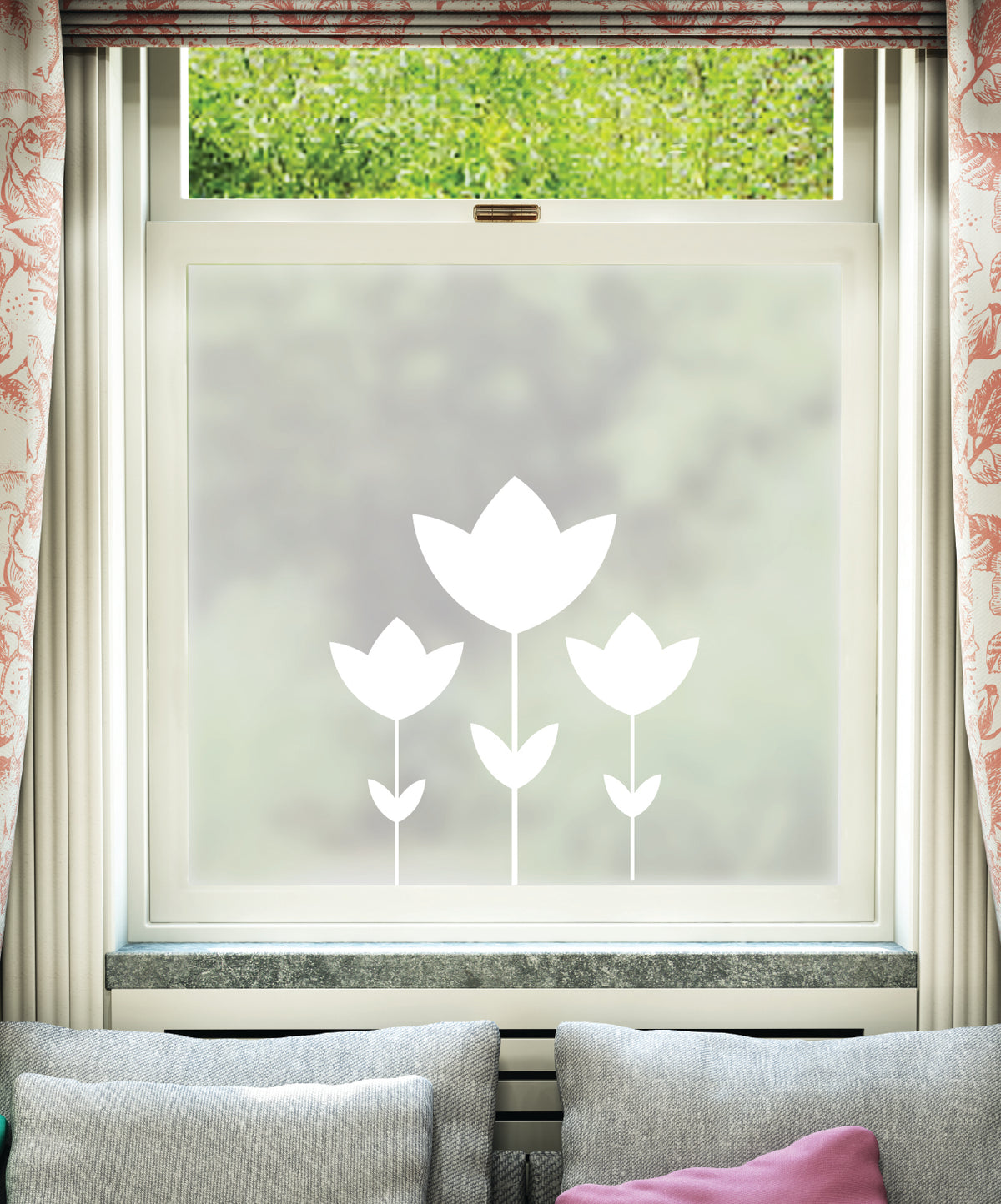 White printed frosted window film design, featuring a trio of tulips