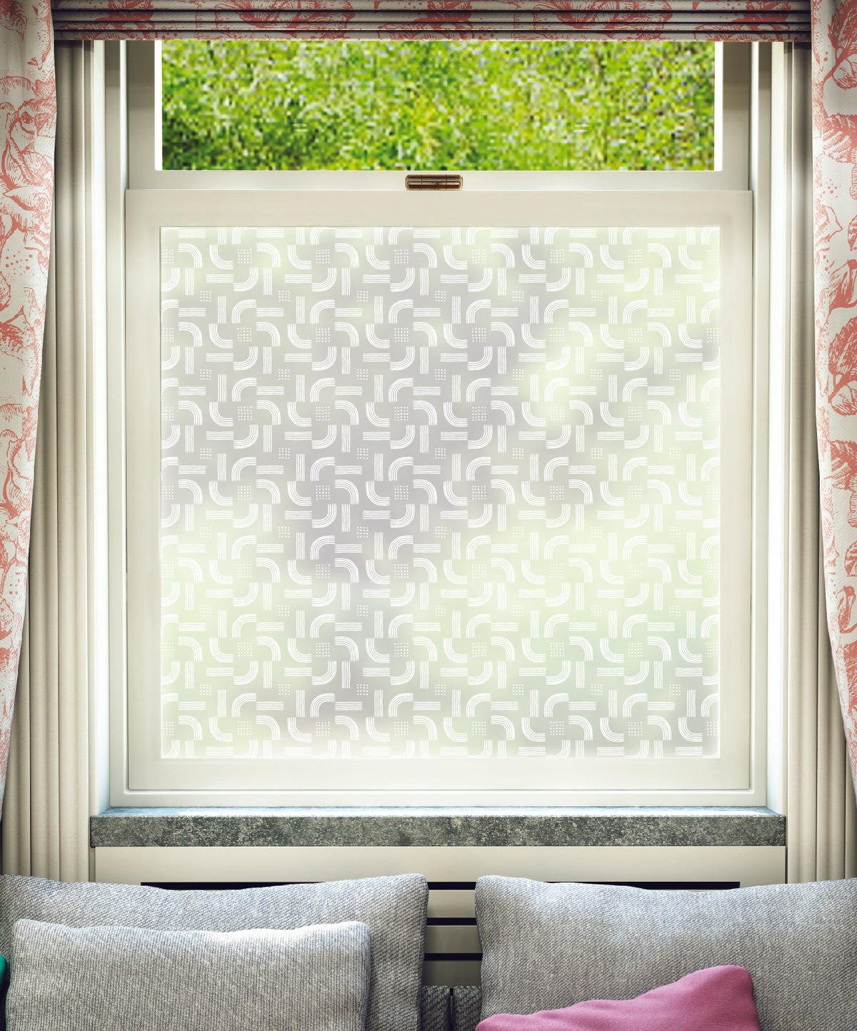 White printed frosted window film with Twist geometric abstract pattern by designer Kate Farley.
