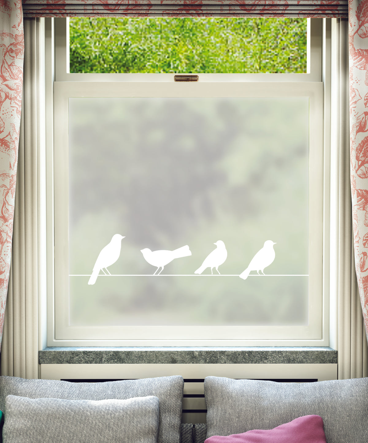 White printed frosted window film with Uccelli birds on a wire pattern.