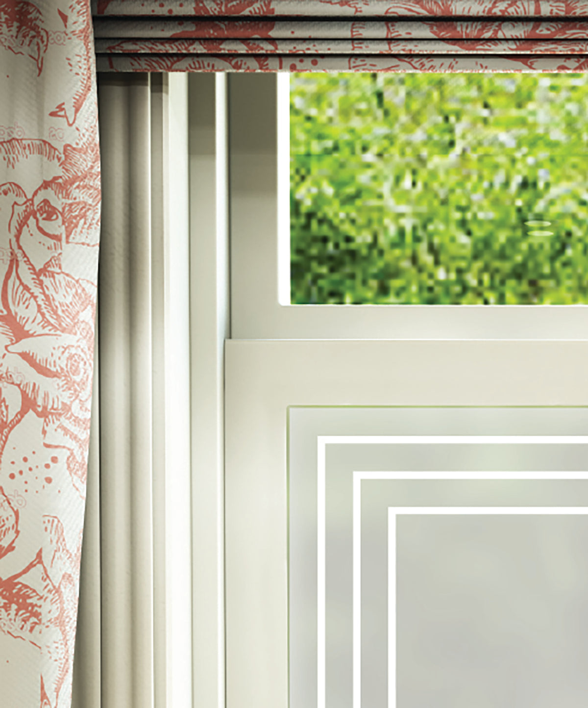 Close-up of Vera triple border white printed frosted window film pattern.