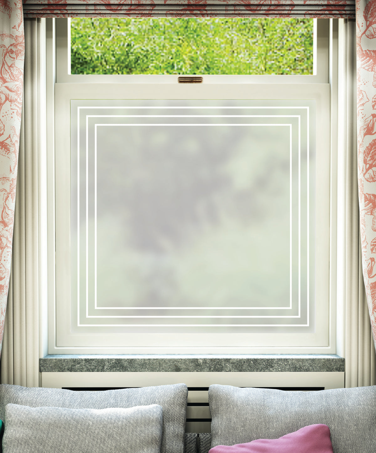 White printed frosted window film with Vera triple border pattern.