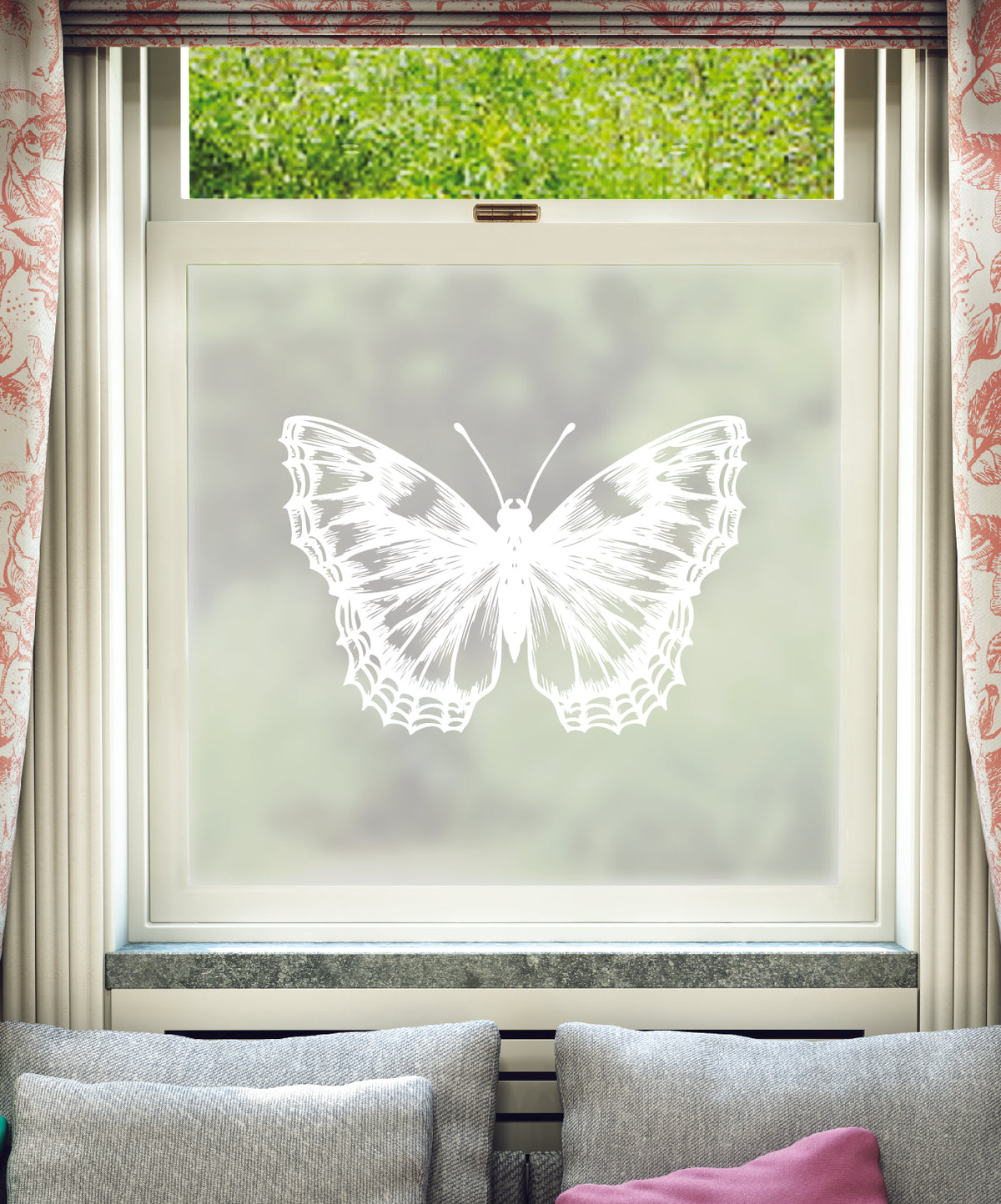 White printed frosted window film with Vlinder butterfly pattern.