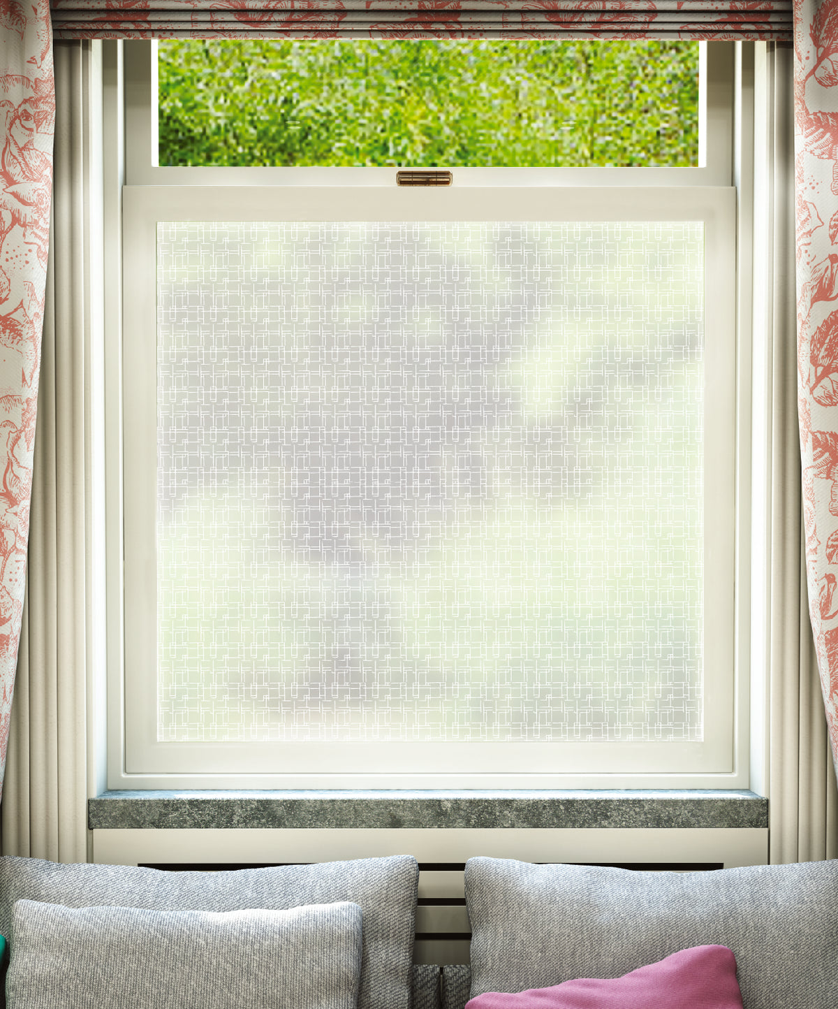 White printed frosted window film with Weave geometric abstract pattern by designer Kate Farley.