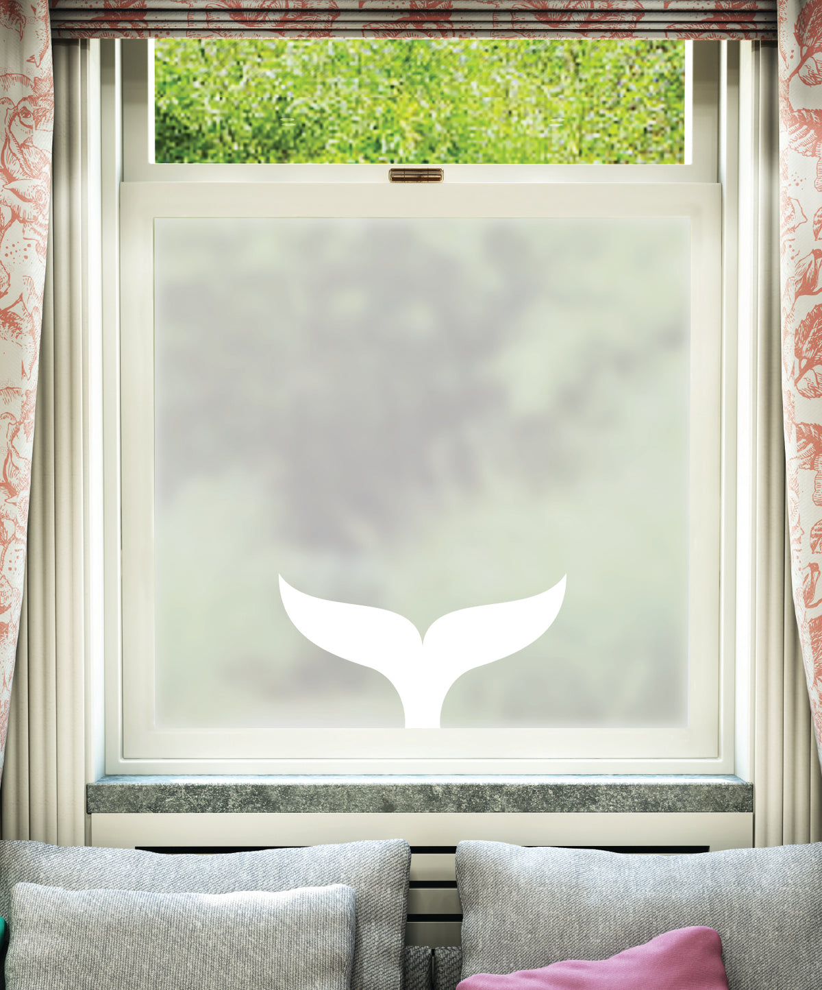 Frosted window film for privacy featuring a white printed whale tail motif at the bottom of the panel