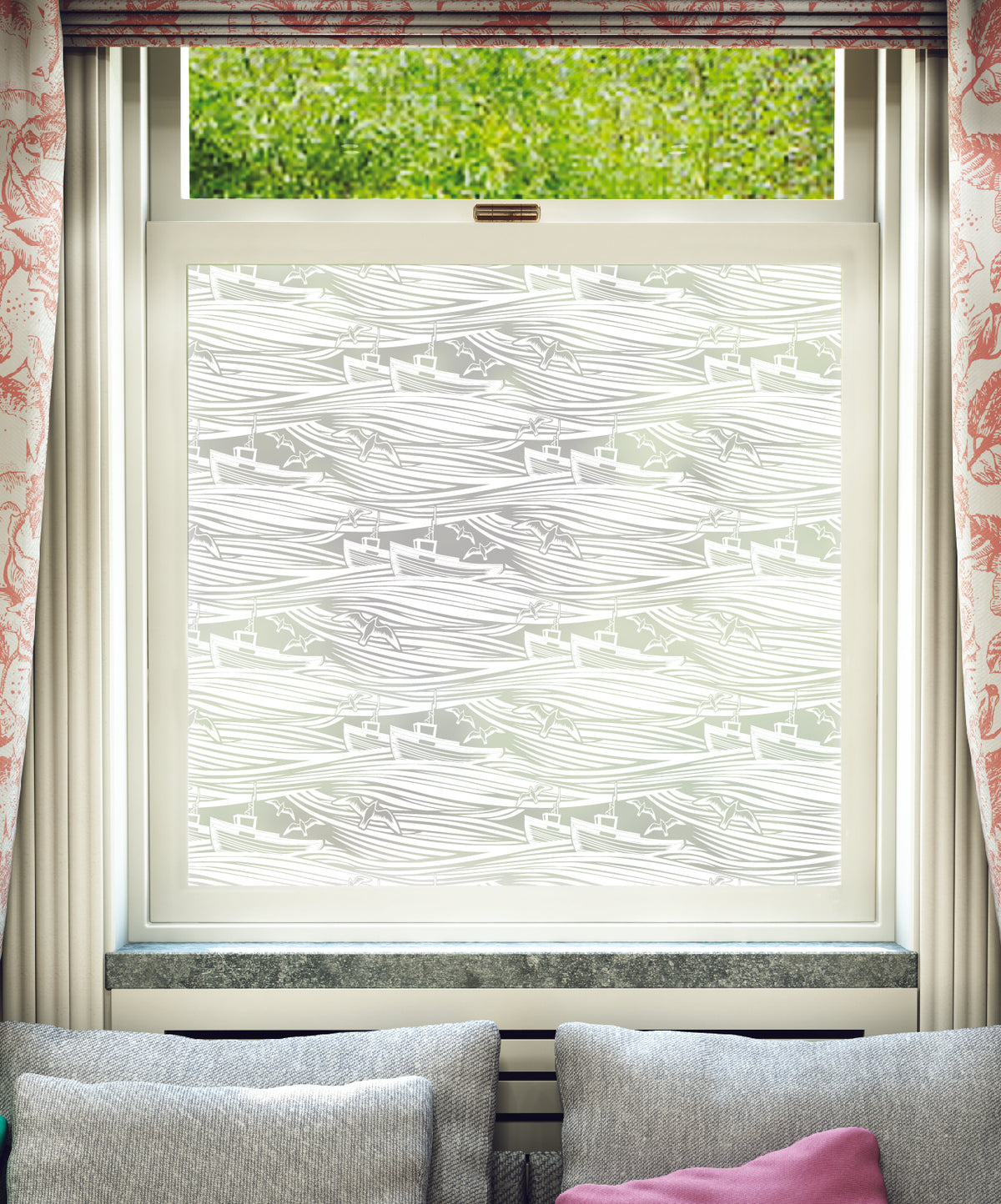 White printed frosted window film with Whitby seaside pattern by designer Mini Moderns.