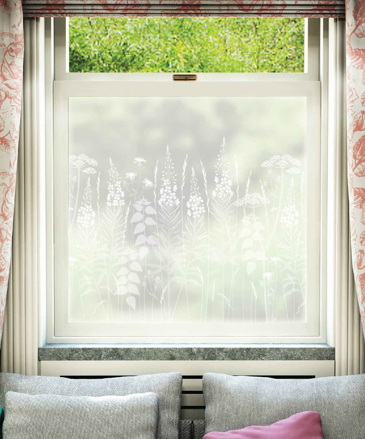 White printed frosted window film with Wild Edge wild flowers pattern by designer Hannah Nunn.