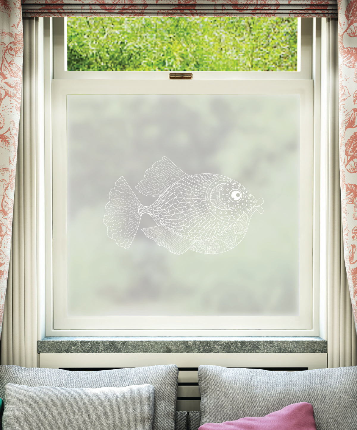 Zentangle inspired fish illustration printed in white ink onto Frostbrite frosted window film