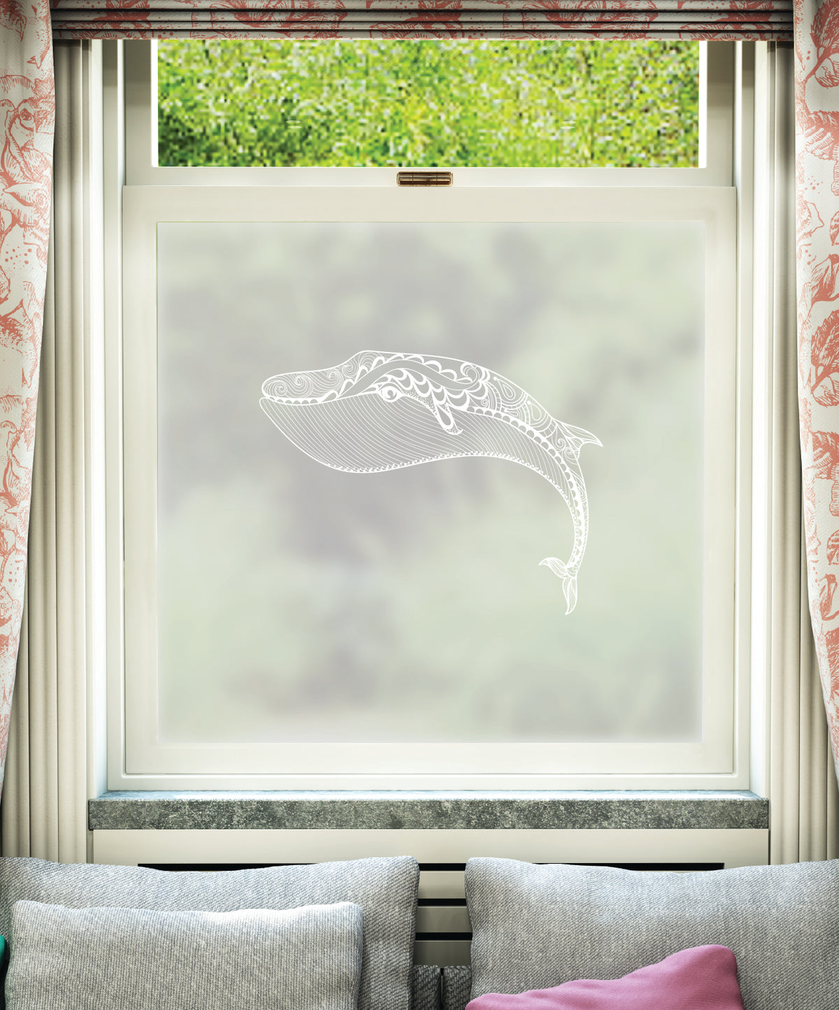 Zentangle inspired illustration of a whale featuring intricate detail. Printed in white ink onto frosted window film. 