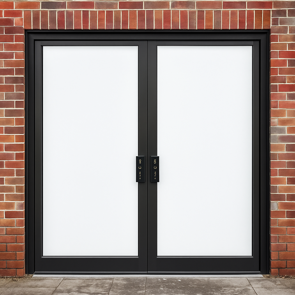 A modern office building with two glazed entrance doors. The glazing has whiteout privacy film applied, transforming the glass to appear as a solid white.