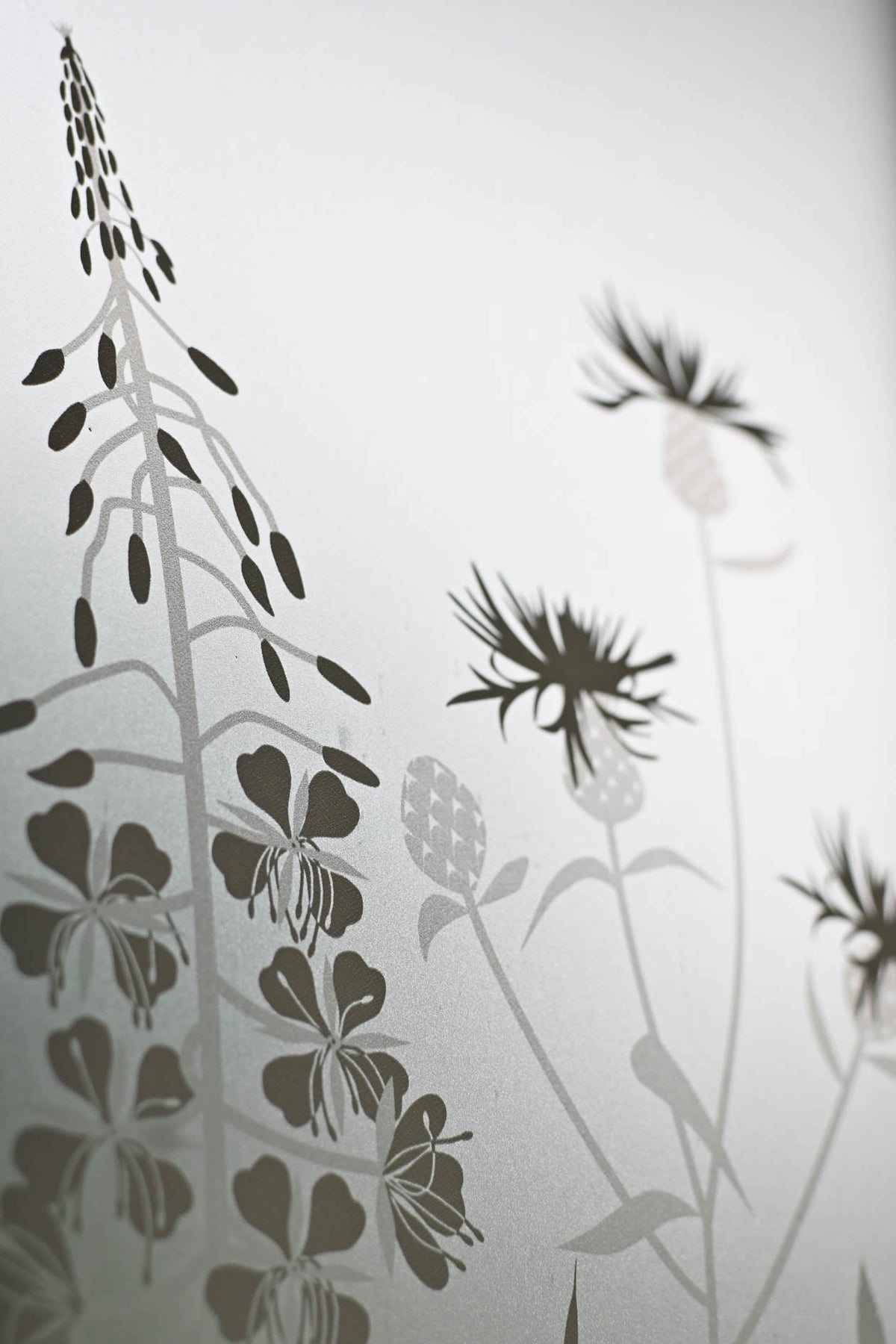Decorative glass with floral silhouette pattern on a frosted background.