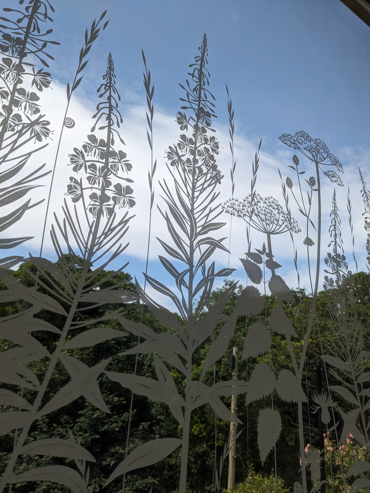 Decorative window film with floral patterns on a glass surface
